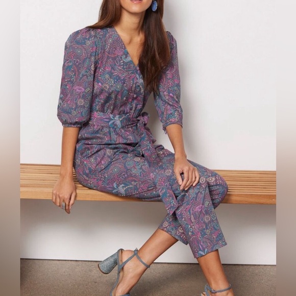 Evereve Pants - Evereve Ember Floral Paisley Puff Sleeve Button Front Jumpsuit